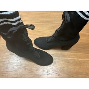 Sergio Todzi Black Ribbed Knit Sock Boots Block Heel Varsity Stripe Size 41